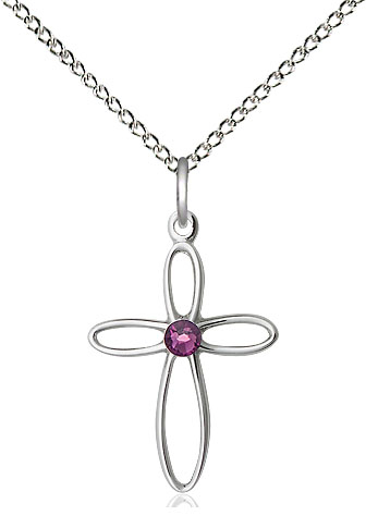Sterling Silver Loop Cross Pendant with a 3mm Amethyst Swarovski stone on a 18 inch Sterling Silver Light Curb chain