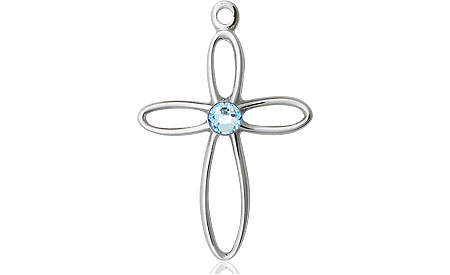 Sterling Silver Loop Cross Medal with a 3mm Aqua Swarovski stone