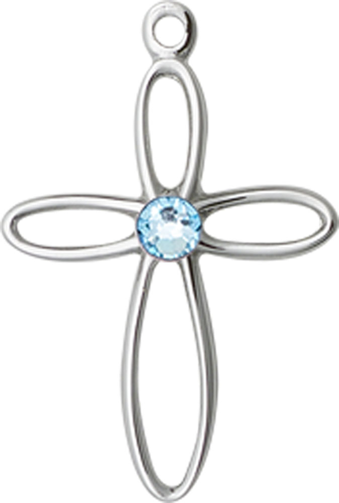 Sterling Silver Loop Cross Medal with a 3mm Aqua Swarovski stone