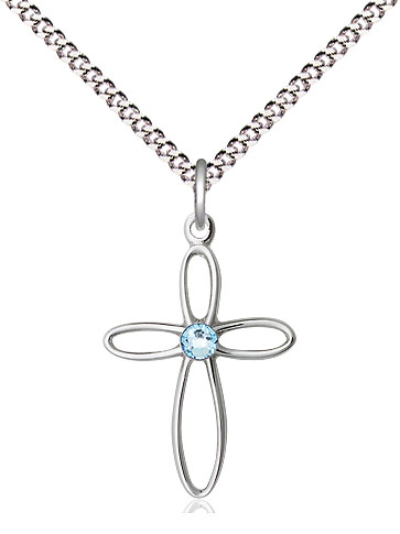 Sterling Silver Loop Cross Pendant with a 3mm Aqua Swarovski stone on a 18 inch Light Rhodium Light Curb chain