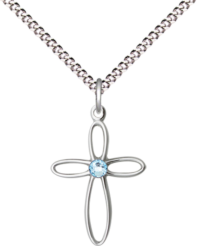 Sterling Silver Loop Cross Pendant with a 3mm Aqua Swarovski stone on a 18 inch Light Rhodium Light Curb chain