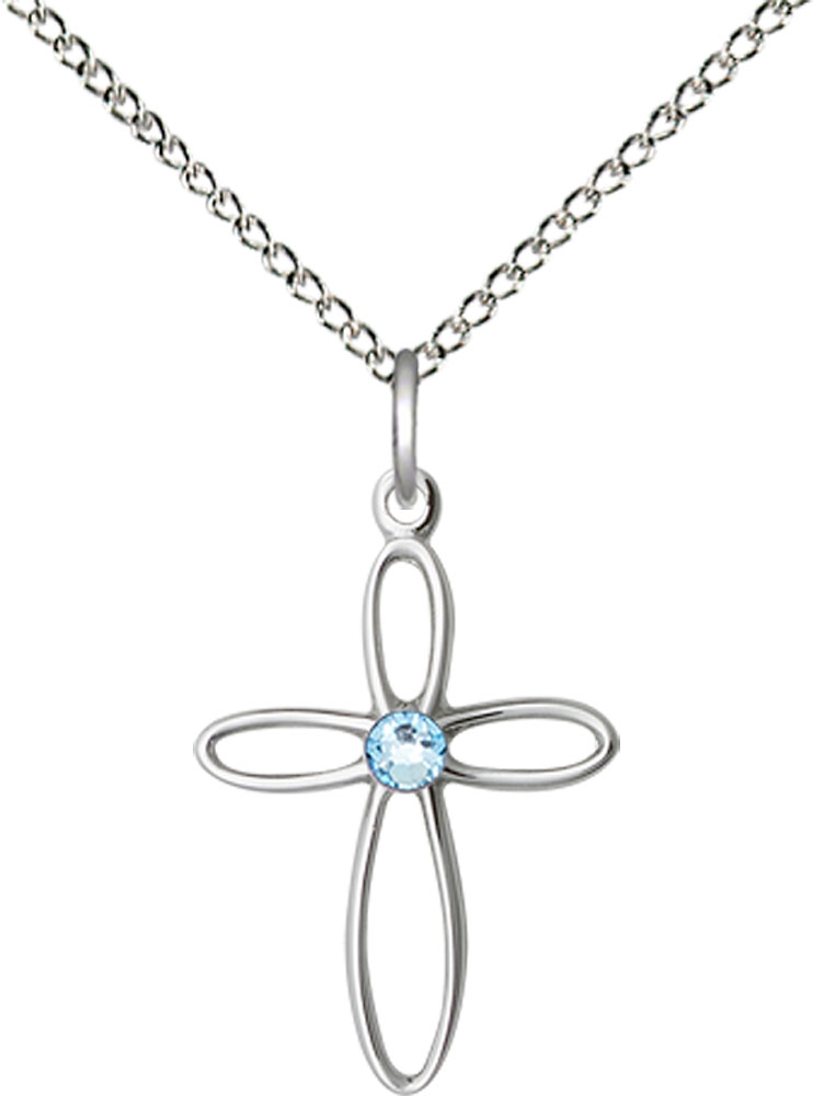 Sterling Silver Loop Cross Pendant with a 3mm Aqua Swarovski stone on a 18 inch Sterling Silver Light Curb chain