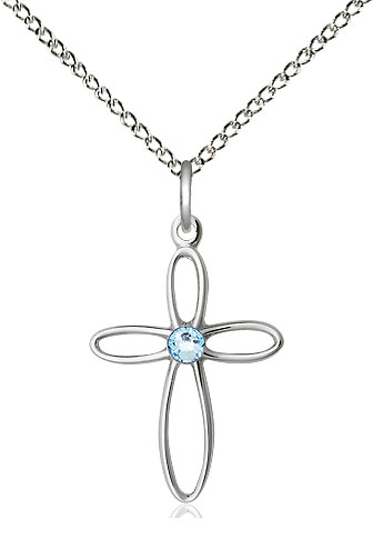 Sterling Silver Loop Cross Pendant with a 3mm Aqua Swarovski stone on a 18 inch Sterling Silver Light Curb chain