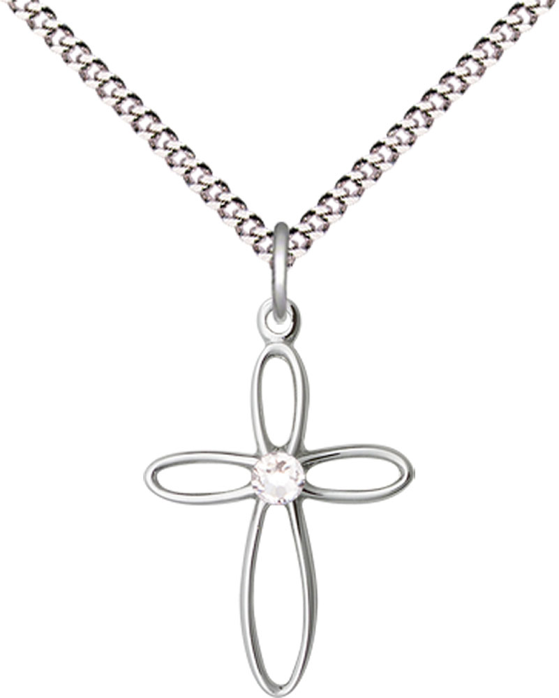 Sterling Silver Loop Cross Pendant with a 3mm Crystal Swarovski stone on a 18 inch Light Rhodium Light Curb chain