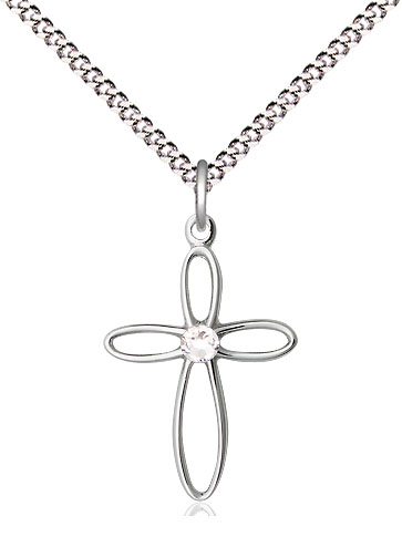 Sterling Silver Loop Cross Pendant with a 3mm Crystal Swarovski stone on a 18 inch Light Rhodium Light Curb chain