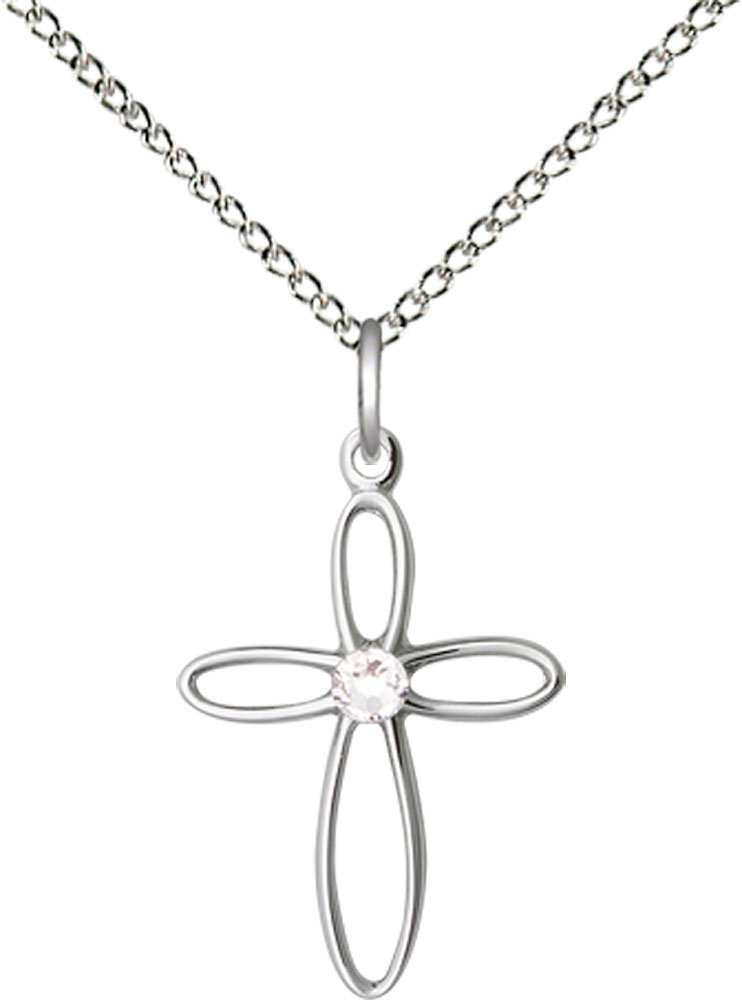 Sterling Silver Loop Cross Pendant with a 3mm Crystal Swarovski stone on a 18 inch Sterling Silver Light Curb chain