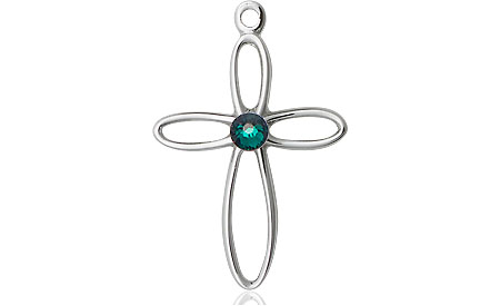 Sterling Silver Loop Cross Medal with a 3mm Emerald Swarovski stone