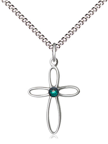 Sterling Silver Loop Cross Pendant with a 3mm Emerald Swarovski stone on a 18 inch Light Rhodium Light Curb chain