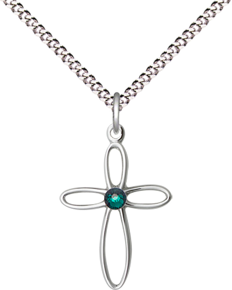 Sterling Silver Loop Cross Pendant with a 3mm Emerald Swarovski stone on a 18 inch Light Rhodium Light Curb chain