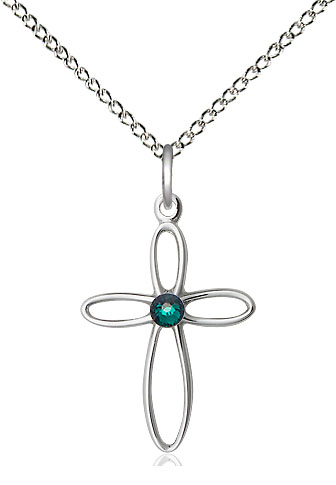 Sterling Silver Loop Cross Pendant with a 3mm Emerald Swarovski stone on a 18 inch Sterling Silver Light Curb chain