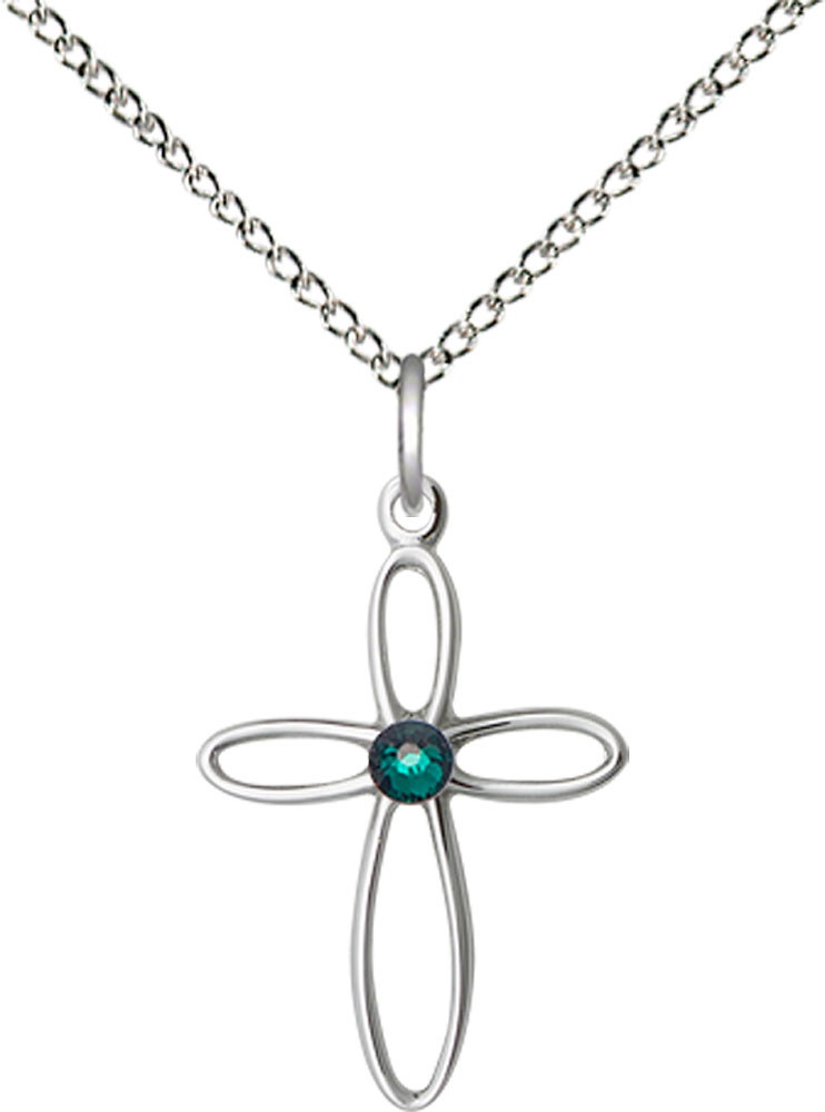 Sterling Silver Loop Cross Pendant with a 3mm Emerald Swarovski stone on a 18 inch Sterling Silver Light Curb chain