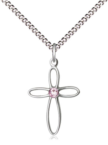 Sterling Silver Loop Cross Pendant with a 3mm Light Amethyst Swarovski stone on a 18 inch Light Rhodium Light Curb chain