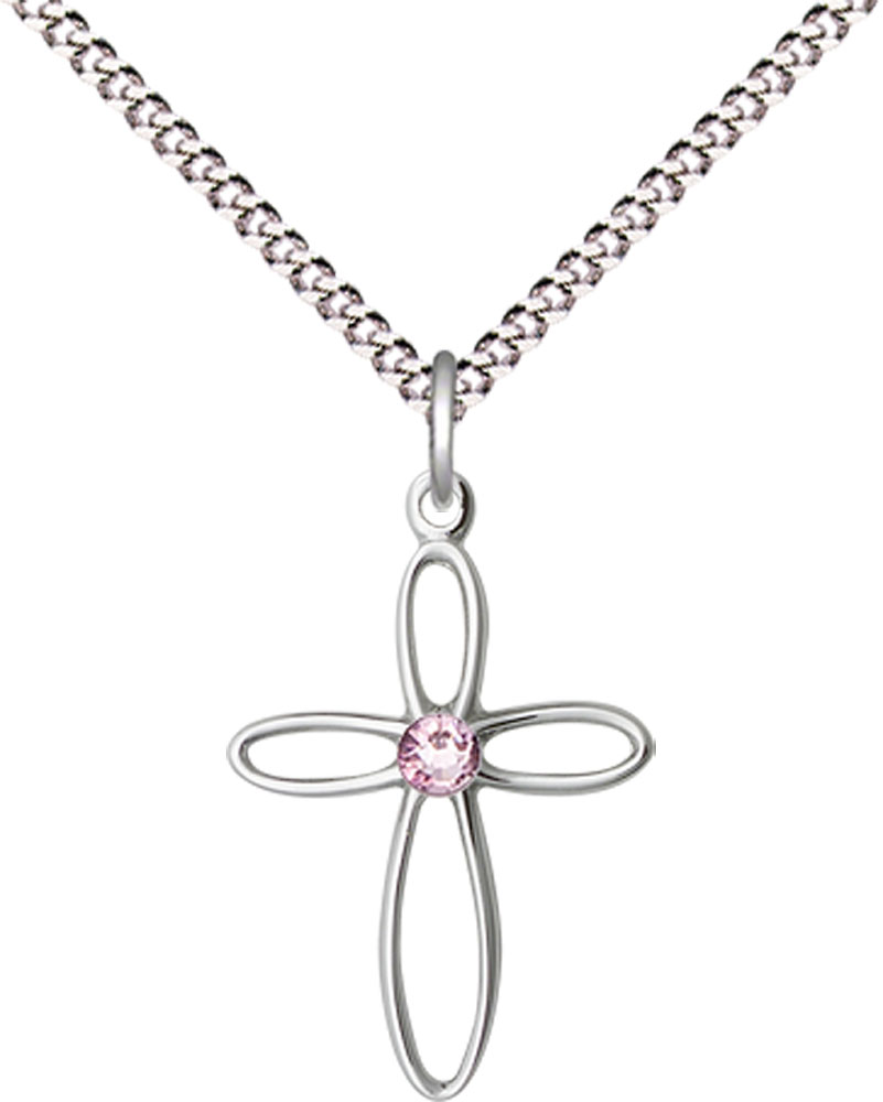 Sterling Silver Loop Cross Pendant with a 3mm Light Amethyst Swarovski stone on a 18 inch Light Rhodium Light Curb chain