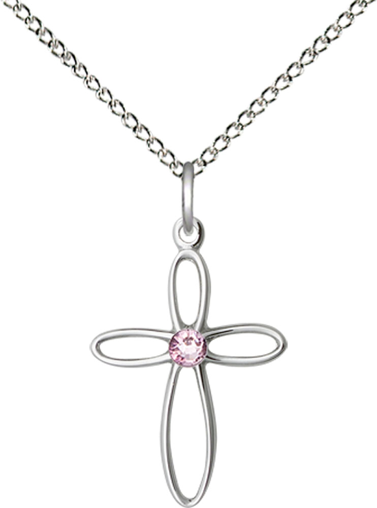 Sterling Silver Loop Cross Pendant with a 3mm Light Amethyst Swarovski stone on a 18 inch Sterling Silver Light Curb chain