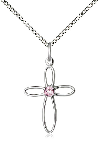 Sterling Silver Loop Cross Pendant with a 3mm Light Amethyst Swarovski stone on a 18 inch Sterling Silver Light Curb chain