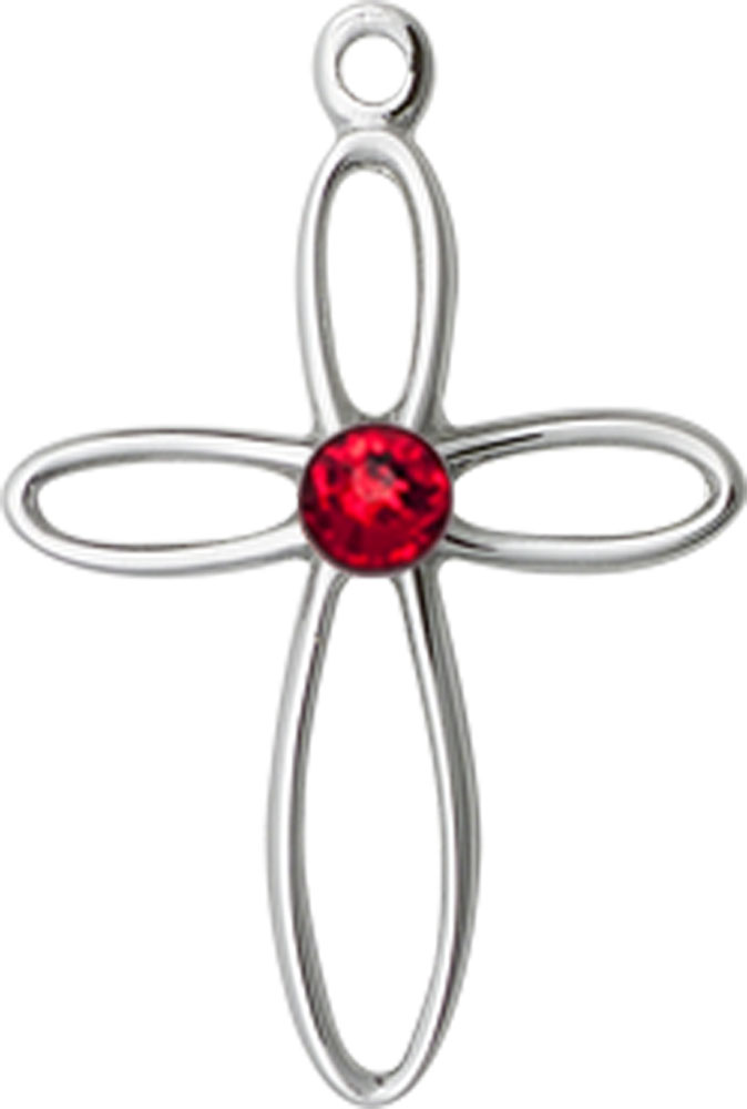 Sterling Silver Loop Cross Medal with a 3mm Ruby Swarovski stone