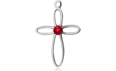 Sterling Silver Loop Cross Medal with a 3mm Ruby Swarovski stone