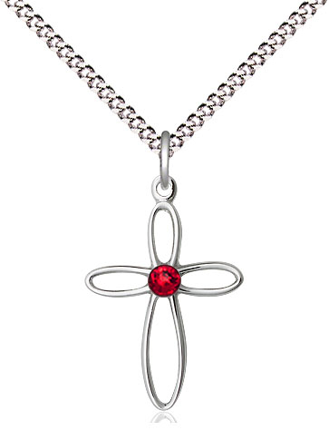 Sterling Silver Loop Cross Pendant with a 3mm Ruby Swarovski stone on a 18 inch Light Rhodium Light Curb chain