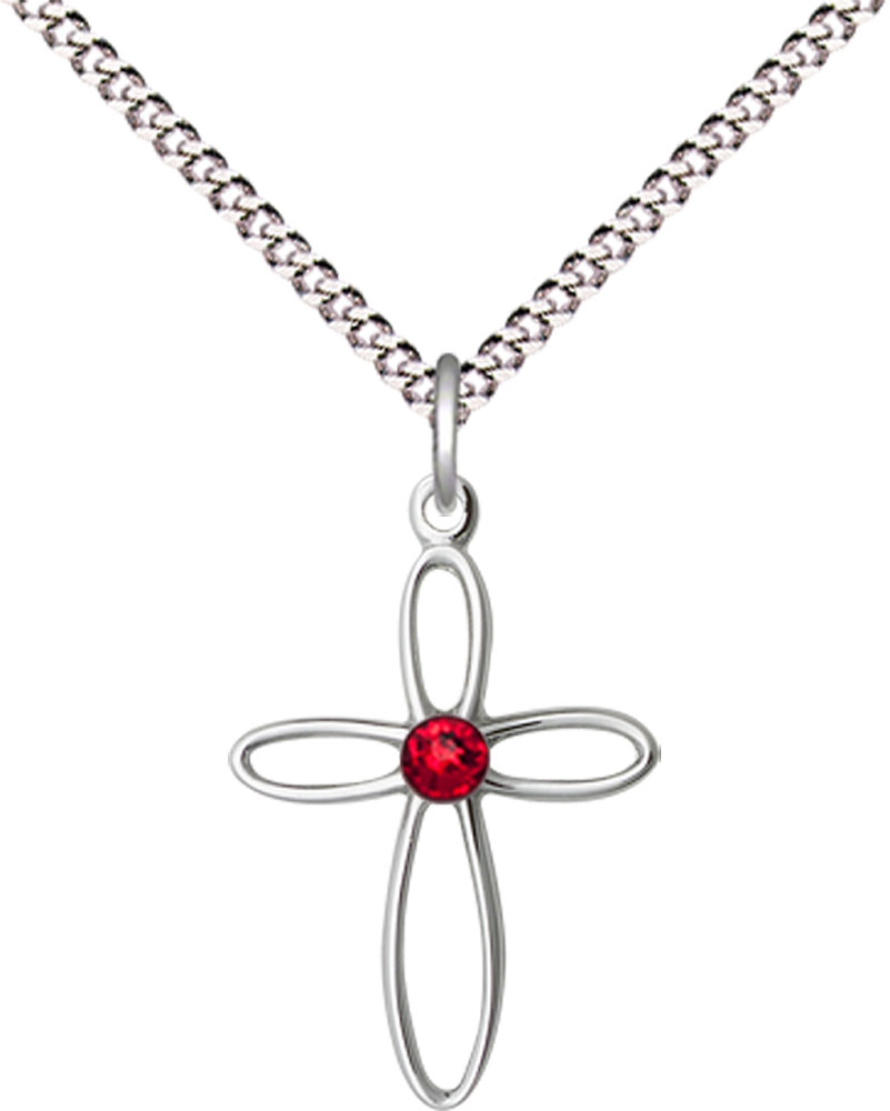 Sterling Silver Loop Cross Pendant with a 3mm Ruby Swarovski stone on a 18 inch Light Rhodium Light Curb chain