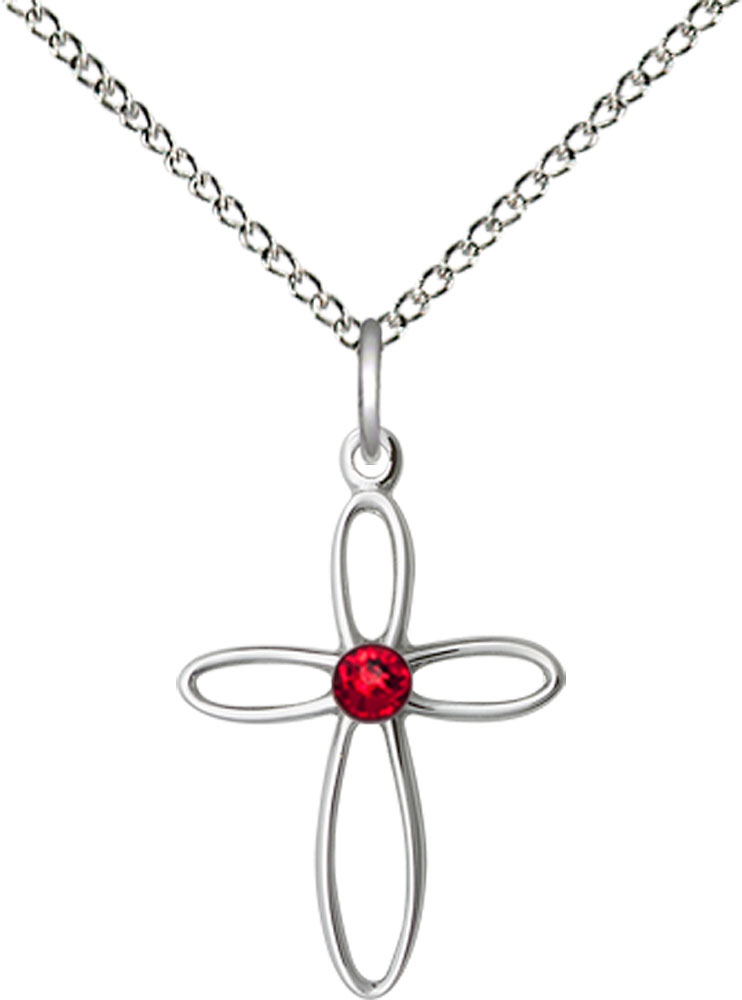 Sterling Silver Loop Cross Pendant with a 3mm Ruby Swarovski stone on a 18 inch Sterling Silver Light Curb chain