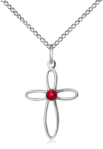 Sterling Silver Loop Cross Pendant with a 3mm Ruby Swarovski stone on a 18 inch Sterling Silver Light Curb chain