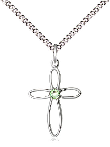 Sterling Silver Loop Cross Pendant with a 3mm Peridot Swarovski stone on a 18 inch Light Rhodium Light Curb chain