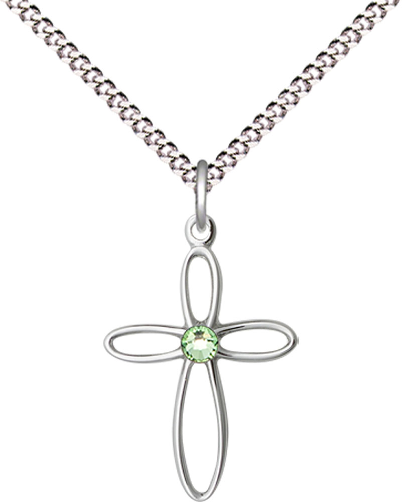 Sterling Silver Loop Cross Pendant with a 3mm Peridot Swarovski stone on a 18 inch Light Rhodium Light Curb chain