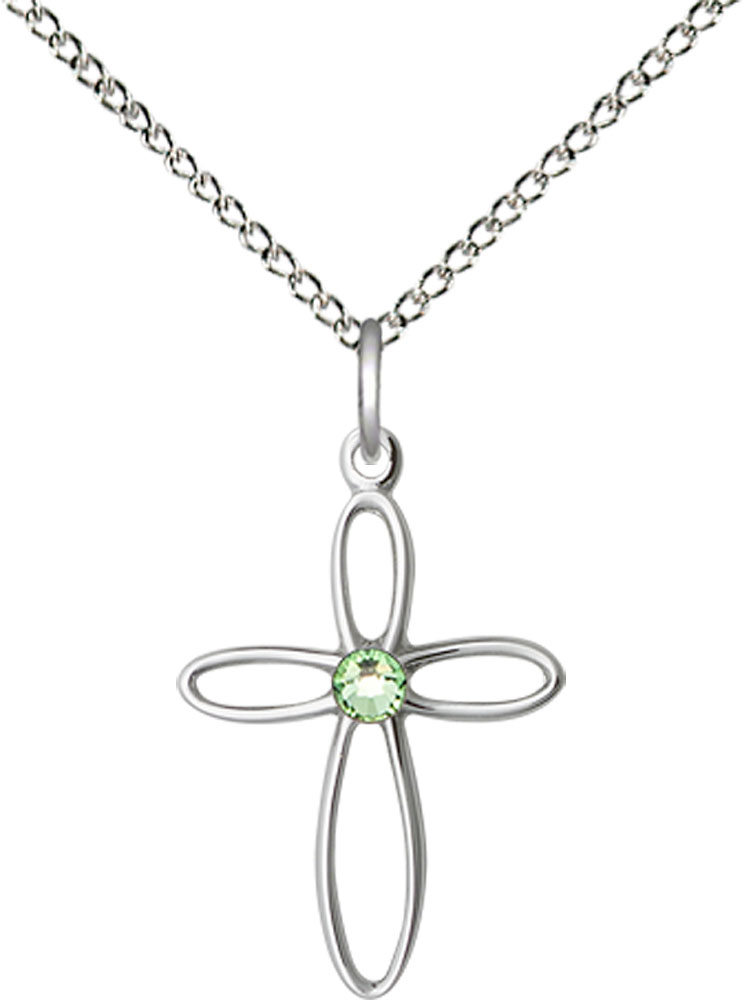 Sterling Silver Loop Cross Pendant with a 3mm Peridot Swarovski stone on a 18 inch Sterling Silver Light Curb chain