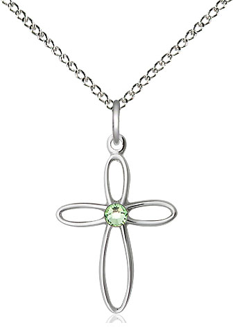 Sterling Silver Loop Cross Pendant with a 3mm Peridot Swarovski stone on a 18 inch Sterling Silver Light Curb chain
