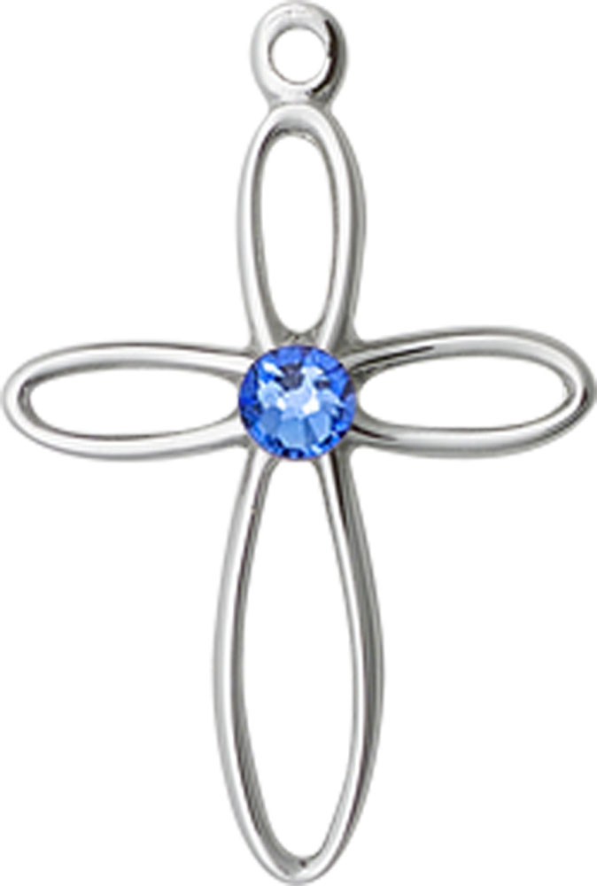 Sterling Silver Loop Cross Medal with a 3mm Sapphire Swarovski stone