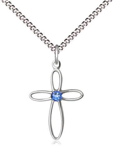 Sterling Silver Loop Cross Pendant with a 3mm Sapphire Swarovski stone on a 18 inch Light Rhodium Light Curb chain