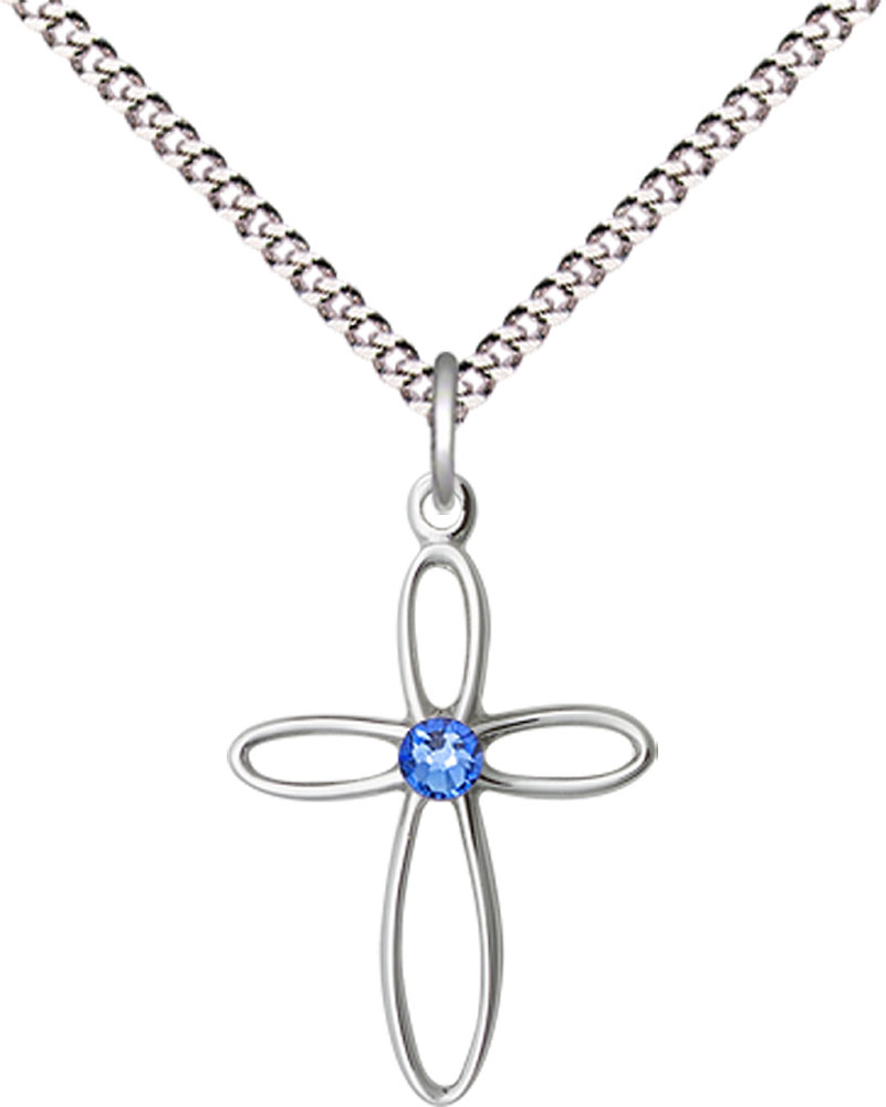 Sterling Silver Loop Cross Pendant with a 3mm Sapphire Swarovski stone on a 18 inch Light Rhodium Light Curb chain