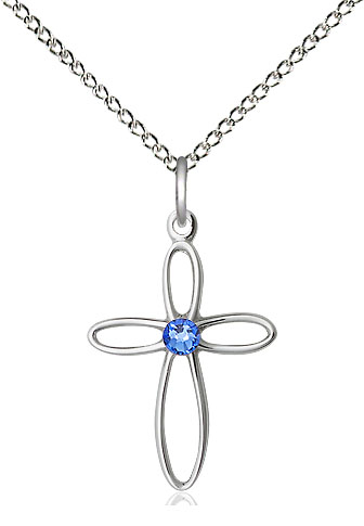 Sterling Silver Loop Cross Pendant with a 3mm Sapphire Swarovski stone on a 18 inch Sterling Silver Light Curb chain