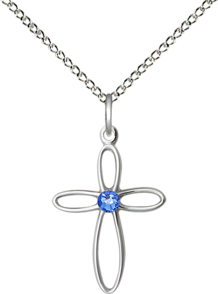 Sterling Silver Loop Cross Pendant with a 3mm Sapphire Swarovski stone on a 18 inch Sterling Silver Light Curb chain