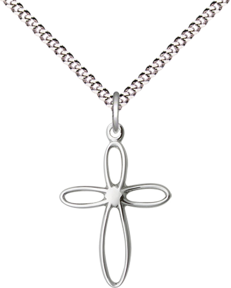 Sterling Silver Loop Cross Pendant on a 18 inch Light Rhodium Light Curb chain