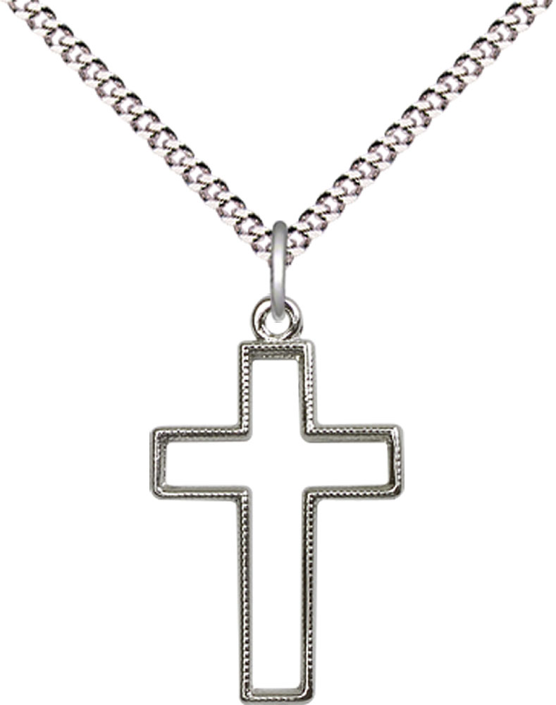 Sterling Silver Cross Pendant on a 18 inch Light Rhodium Light Curb chain