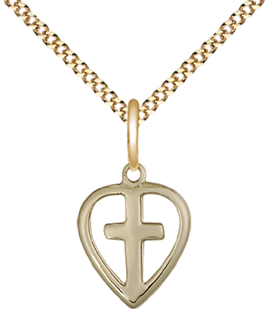 14kt Gold Filled Heart Cross Pendant on a 18 inch Gold Plate Light Curb chain