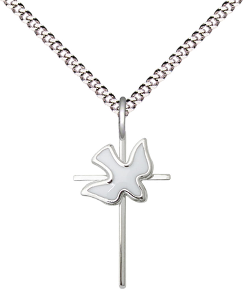 Sterling Silver Cross Holy Spirit Pendant on a 18 inch Light Rhodium Light Curb chain