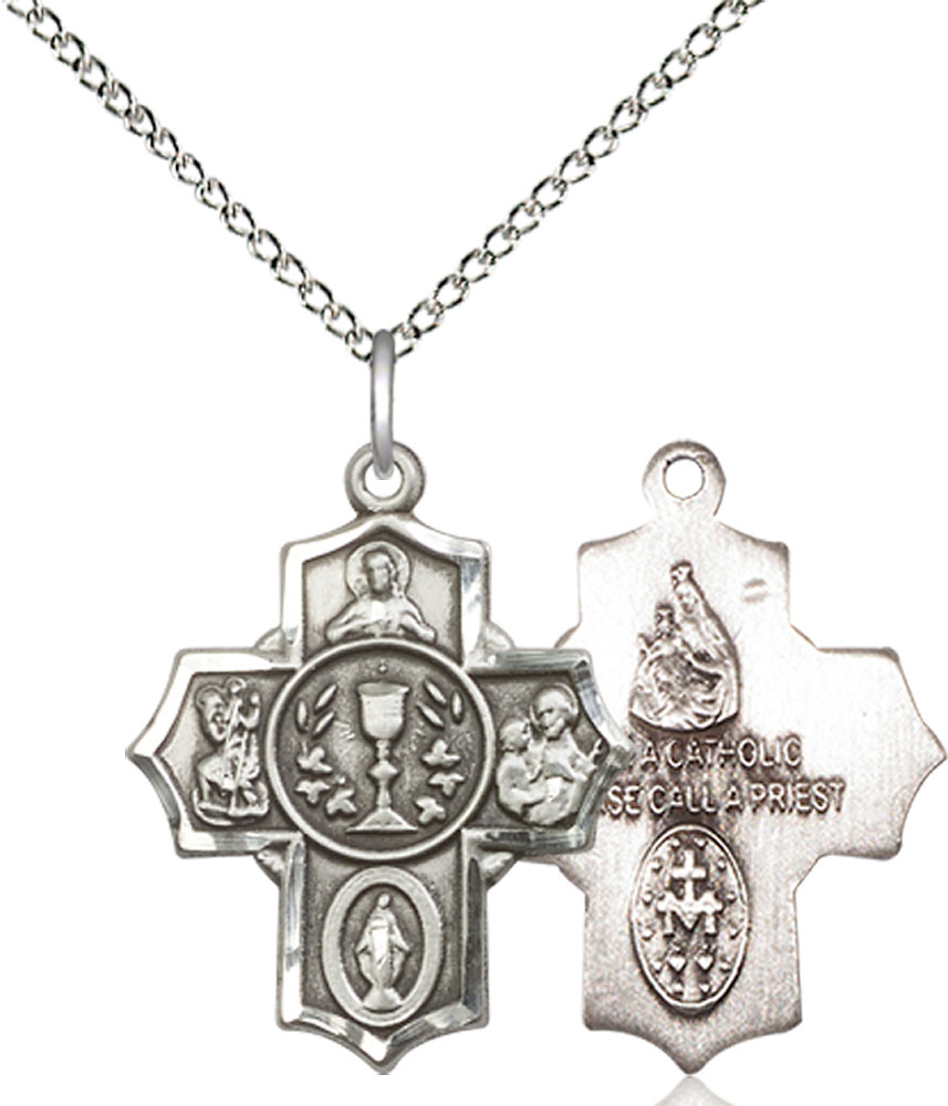 Sterling Silver Communion 5-Way Pendant on a 18 inch Sterling Silver Light Curb chain