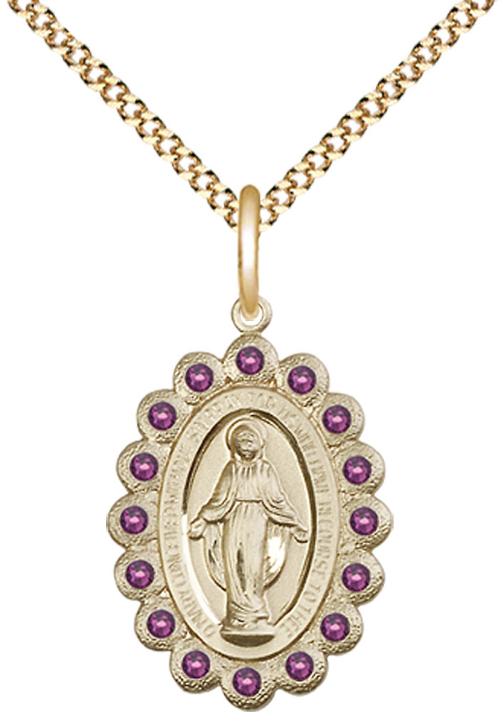 14kt Gold Filled Miraculous Pendant with Amethyst Swarovski stones on a 18 inch Gold Plate Light Curb chain