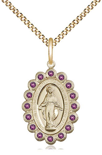 14kt Gold Filled Miraculous Pendant with Amethyst Swarovski stones on a 18 inch Gold Plate Light Curb chain