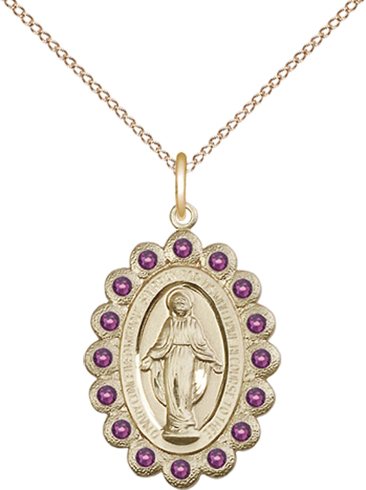 14kt Gold Filled Miraculous Pendant with Amethyst Swarovski stones on a 18 inch Gold Filled Light Curb chain