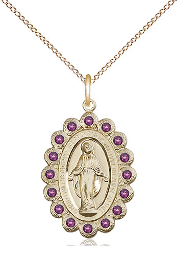 14kt Gold Filled Miraculous Pendant with Amethyst Swarovski stones on a 18 inch Gold Filled Light Curb chain