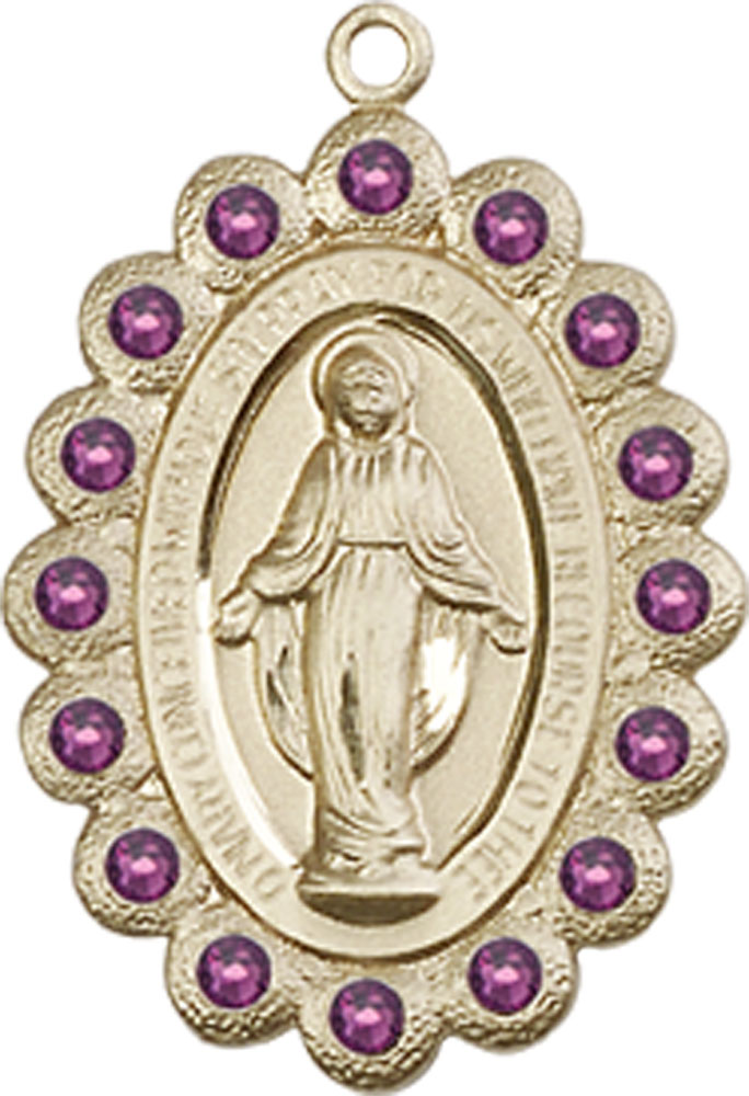 14kt Gold Miraculous Medal with Amethyst Swarovski stones