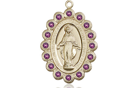 14kt Gold Miraculous Medal with Amethyst Swarovski stones
