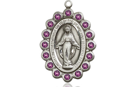 Sterling Silver Miraculous Medal with Amethyst Swarovski stones