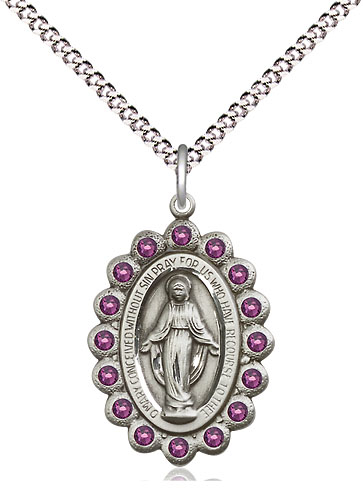Sterling Silver Miraculous Pendant with Amethyst Swarovski stones on a 18 inch Light Rhodium Light Curb chain