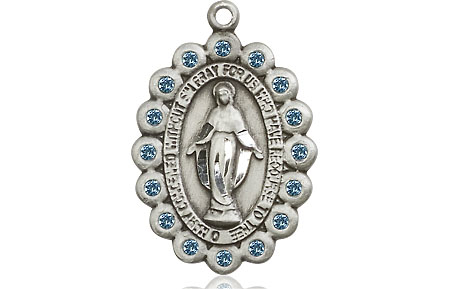 Sterling Silver Miraculous Medal with Aqua Swarovski stones - With Box