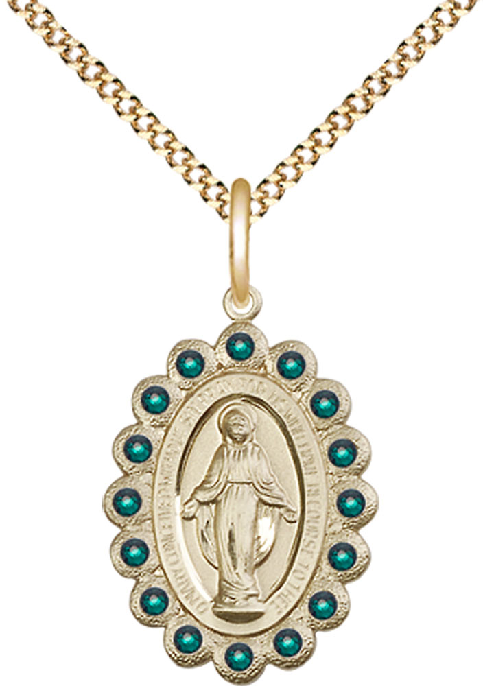 14kt Gold Filled Miraculous Pendant with Emerald Swarovski stones on a 18 inch Gold Plate Light Curb chain