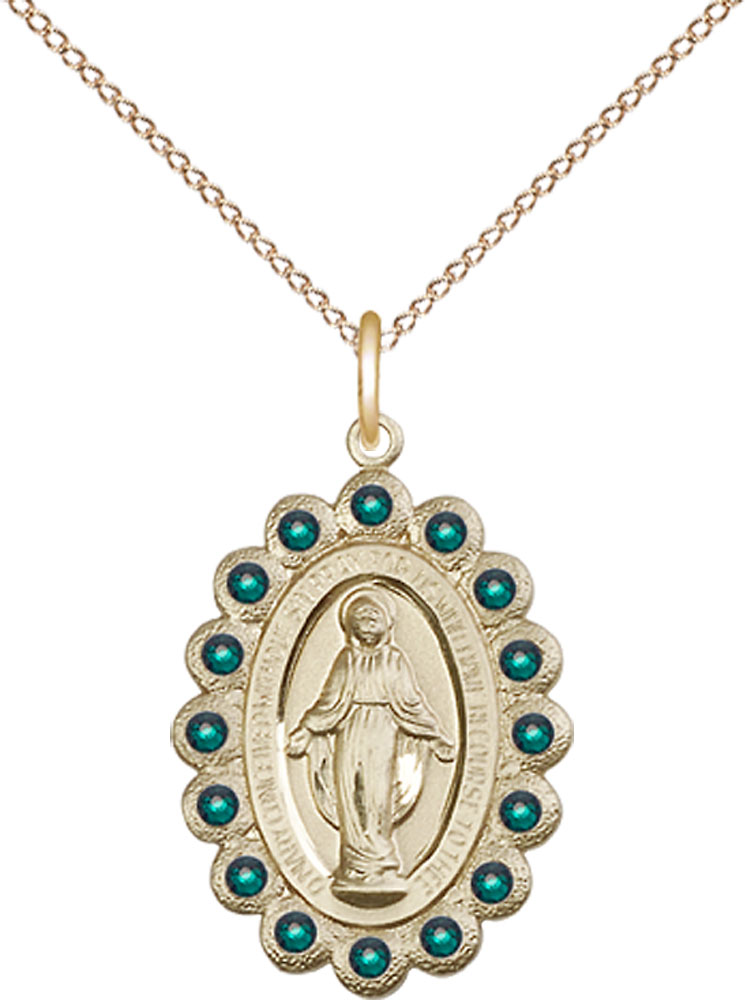 14kt Gold Filled Miraculous Pendant with Emerald Swarovski stones on a 18 inch Gold Filled Light Curb chain